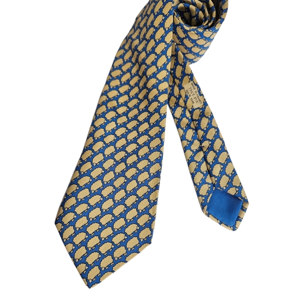 HERMÈS 7367 PA Blue/Yellow Sheep Silk LUXURY Tie FRANCE - Picture 4 of 5